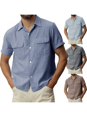 Mens Top Casual Cotton Linen Blouse Shirt Short Sleeve Button Down Summer Shirts