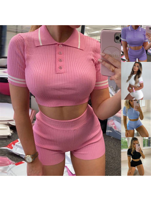 2PCS Women Sexy Summer Crop Tops Shorts Set Ribbed Sport Tee Tracksuit Playsuit