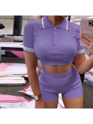 2PCS Women Sexy Summer Crop Tops Shorts Set Ribbed Sport Tee Tracksuit Playsuit