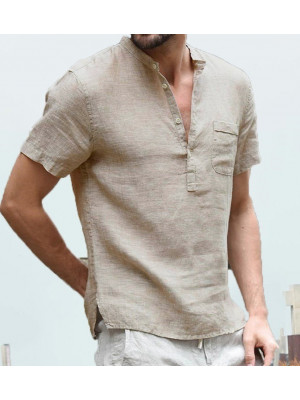 Mens Summer Short Sleeve T Shirt Henley Shirts Holiday Casual Blouse Linen Tops