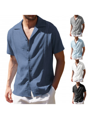 Men Tops Casual Cotton Linen Blouse Shirt Short Sleeve Button Down Summer Shirts