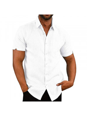 Mens Linen Style Short Sleeve Solid Shirts Casual Fit Formal Dress Top Tee Shirt