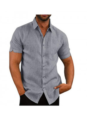 Mens Linen Style Short Sleeve Solid Shirts Casual Fit Formal Dress Top Tee Shirt
