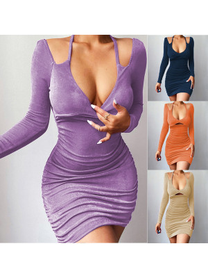 Women Long Sleeve Sexy Strap Dress Nightclub Casual Slim Bodycon Glossy Dresses