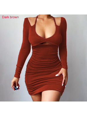 Women Long Sleeve Sexy Strap Dress Nightclub Casual Slim Bodycon Glossy Dresses
