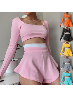 New Women Long Sleeve Crop Top and Culottes Short Sexy Outfit 2 Piece Set Sports