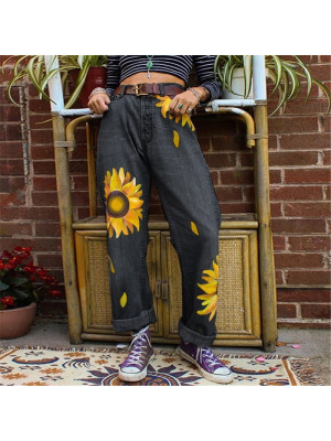 Ladies Casual Jeans Loose Denim Long Pants Mid Waist Sunflower Trousers Jeans