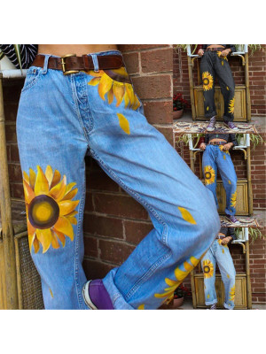 Ladies Casual Jeans Loose Denim Long Pants Mid Waist Sunflower Trousers Jeans