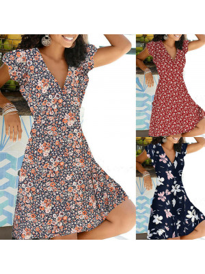 Women Summer Boho Floral Print V Neck Mini Dress Holiday Beach Sundress Plus Size