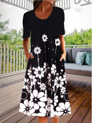Summer Womens V-neck Retro Floral Dress Ladies Holiday Short Sleeve Sundress UK