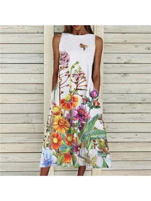 Women Floral Print Midi Dress Ladies Sleeveless Crew Neck Ruffle Pocket Sundress