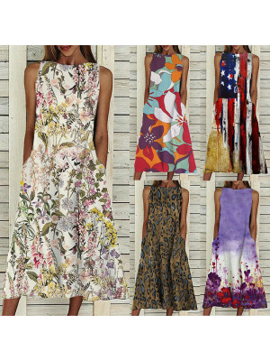 Women Floral Print Midi Dress Ladies Sleeveless Crew Neck Ruffle Pocket Sundress