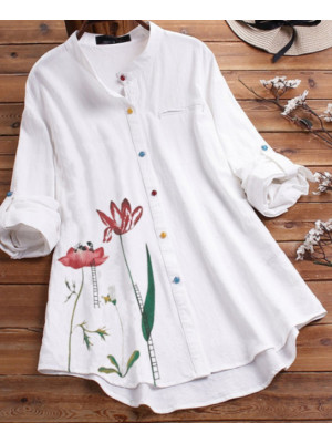 UK Womens Cotton Linen Floral Tunic Blouse Ladies Baggy Long Sleeve T-Shirt Tops