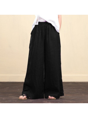 Womens Casual Cotton Linen Baggy Wide Leg Pants Loose Palazzo Flared Trousers