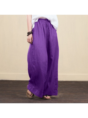 Womens Casual Cotton Linen Baggy Wide Leg Pants Loose Palazzo Flared Trousers