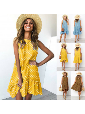 Women Holiday Sleeveless Swing Dress Summer Spotted Frill Loose Sundress UK 6-18