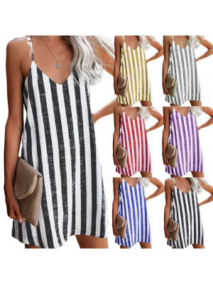 Womens Stripe V Neck Mini Dress Ladies Holiday Beach Casual Sleeveless Sundress
