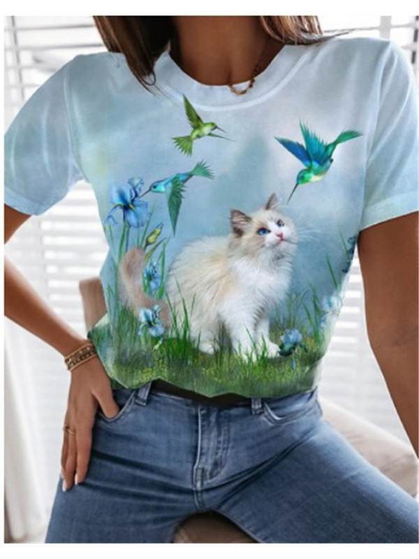 Womens Casual Cat Print T-Shirt Blouse Lady Summer Crew Neck Tee Pullover Shirt