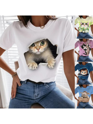 Womens Casual Cat Print T-Shirt Blouse Lady Summer Crew Neck Tee Pullover Shirt