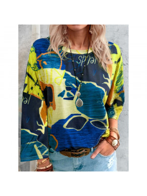 Womens Round Neck Ladies Print Shirts Casual Long Sleeve Blouse Tops Pullover