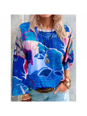 Womens Round Neck Ladies Print Shirts Casual Long Sleeve Blouse Tops Pullover