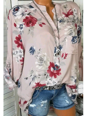 Womens Flower Casual Long Sleeve Blouse V Neck Pullover Tops Chiffon T Shirts UK