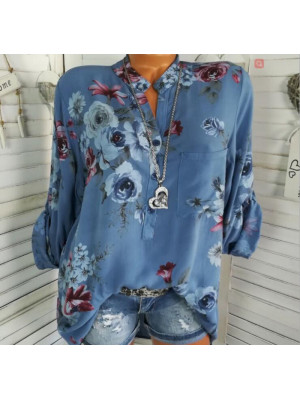 Womens Flower Casual Long Sleeve Blouse V Neck Pullover Tops Chiffon T Shirts UK