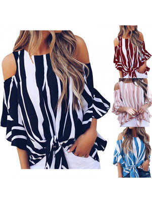 Womens Casual Striped Round Neck Tops 3/4 Sleeve Ladies T Shirts Jumper Blouse