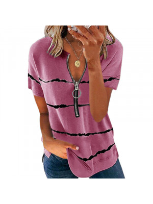 Plus Size Womens Zipper V-Neck T-Shirt Ladies Striped Casual Blouse Top Tee