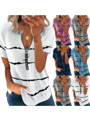 Plus Size Womens Zipper V-Neck T-Shirt Ladies Striped Casual Blouse Top Tee