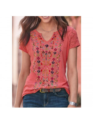 Womens V Neck Floral Tops Ladies Summer Casual Short Sleeve Loose T-shirt Blouse