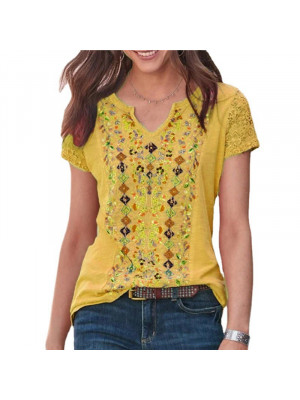 Womens V Neck Floral Tops Ladies Summer Casual Short Sleeve Loose T-shirt Blouse