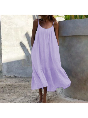 Womens Sleeveless Solid Sling Vest Dress Lady Summer Beach Ruffle Boho Sundress