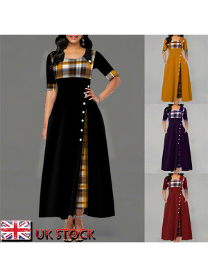 Womens Short Sleeve Ladies Plaid Button Maxi Dress Summer Party Cocktail Checked