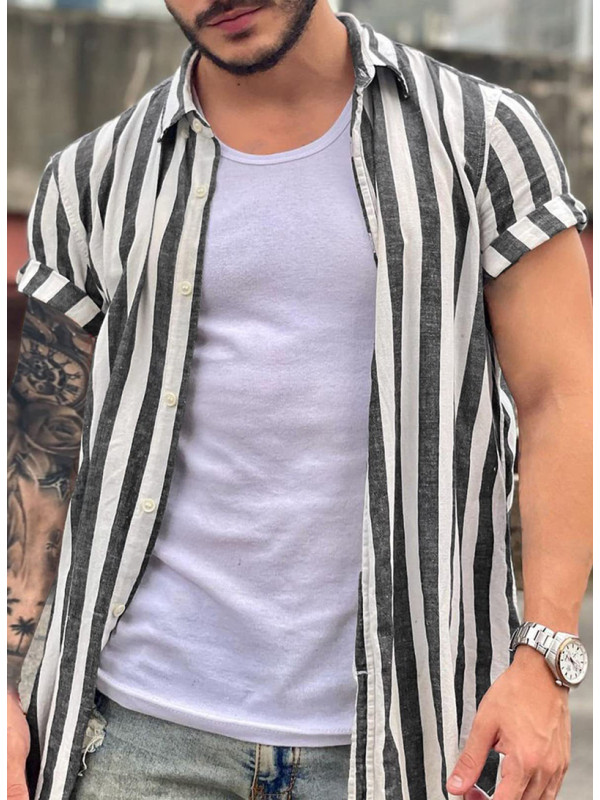 Mens Striped Short Sleeve Linen Style Shirts Casual Fit Formal Dress Top Shirt