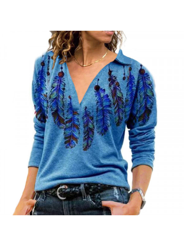 Women Long Sleeve Feather Printed T-shirt Ladies V Neck Casual Blouse Autumn Top