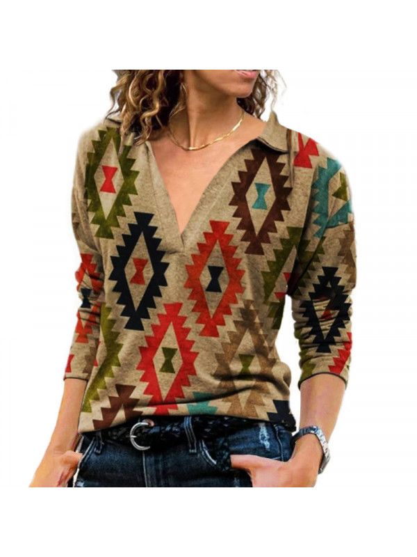 Women Long Sleeve Feather Printed T-shirt Ladies V Neck Casual Blouse Autumn Top