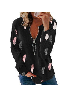 Womens Zipper Feather Print Long Sleeve T-Shirt Ladies Casual Loose Blouse Tops