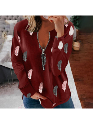 Womens Zipper Feather Print Long Sleeve T-Shirt Ladies Casual Loose Blouse Tops