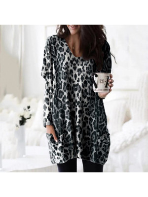 Womens V Neck Leopard Long Sleeve Casual Blouse Ladies Loose Tops Pocket T-shirt