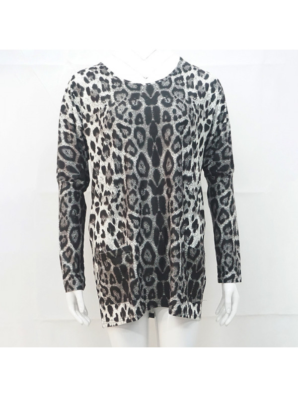 Womens V Neck Leopard Long Sleeve Casual Blouse Ladies Loose Tops Pocket T-shirt