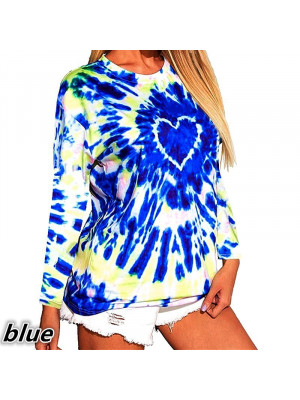 Womens Crew Neck Casual Tie-Dye Long Sleeve Pullover Tops Ladies Loose T-shirt