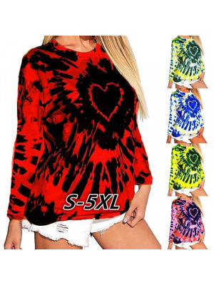 Womens Crew Neck Casual Tie-Dye Long Sleeve Pullover Tops Ladies Loose T-shirt