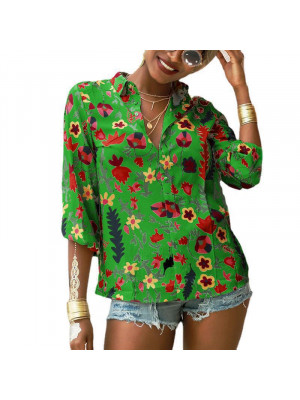 Womens Casual Long Sleeve Button T Shirt Loose Holiday Blouse V Neck Beach Tops