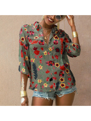 Womens Casual Long Sleeve Button T Shirt Loose Holiday Blouse V Neck Beach Tops