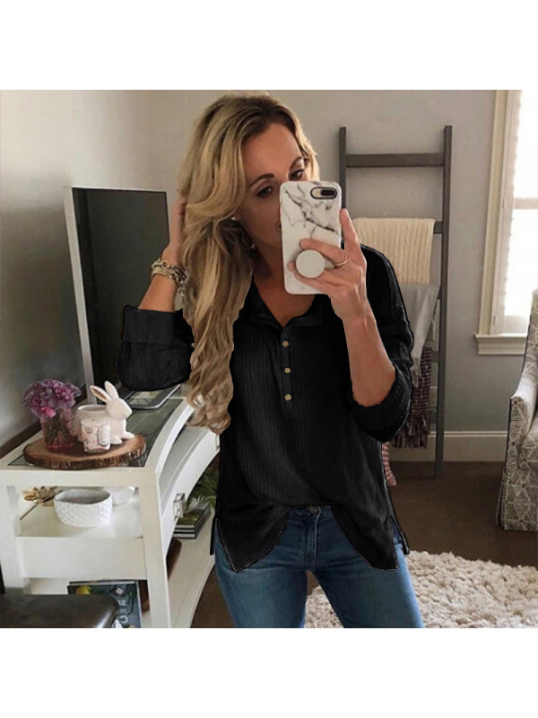 Womens Long Sleeve Casual Tops Blouse Ladies V Neck Loose Slit Button T Shirt