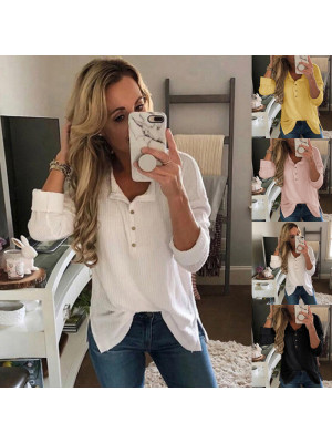 Womens Long Sleeve Casual Tops Blouse Ladies V Neck Loose Slit Button T Shirt