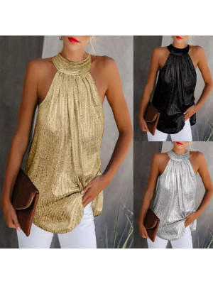 Womens Summer Sexy Hanging Neck Sleeveless Plain Top Ladies Cold Shoulder Blouse