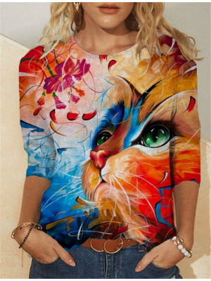 Women Casual Long Sleeve Printed Crew Neck Tops Lady Loose T-Shirt Blouse Shirts