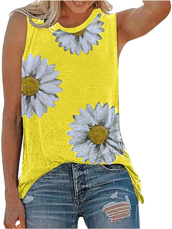 Women Daisy Print Vest Sleeveless Tops Blouse Tank  Summer Baggy Tee T-Shirt